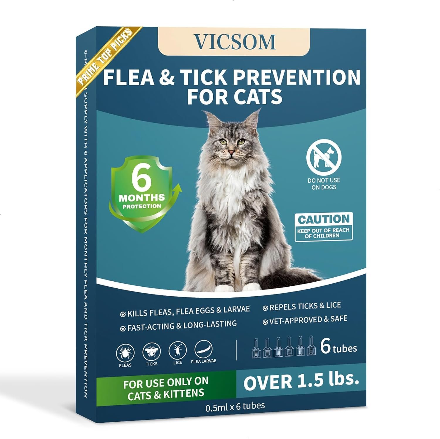 VICSOM Flea Treatment for Cat Flea and Tick Prevention for Cats Kitten, 6-Month Supply, Cat Flea Treatment & Control, Repellent, Fast Acting Topical Drops for Cats, Over 1.5 lbs, 24-Hour Protect