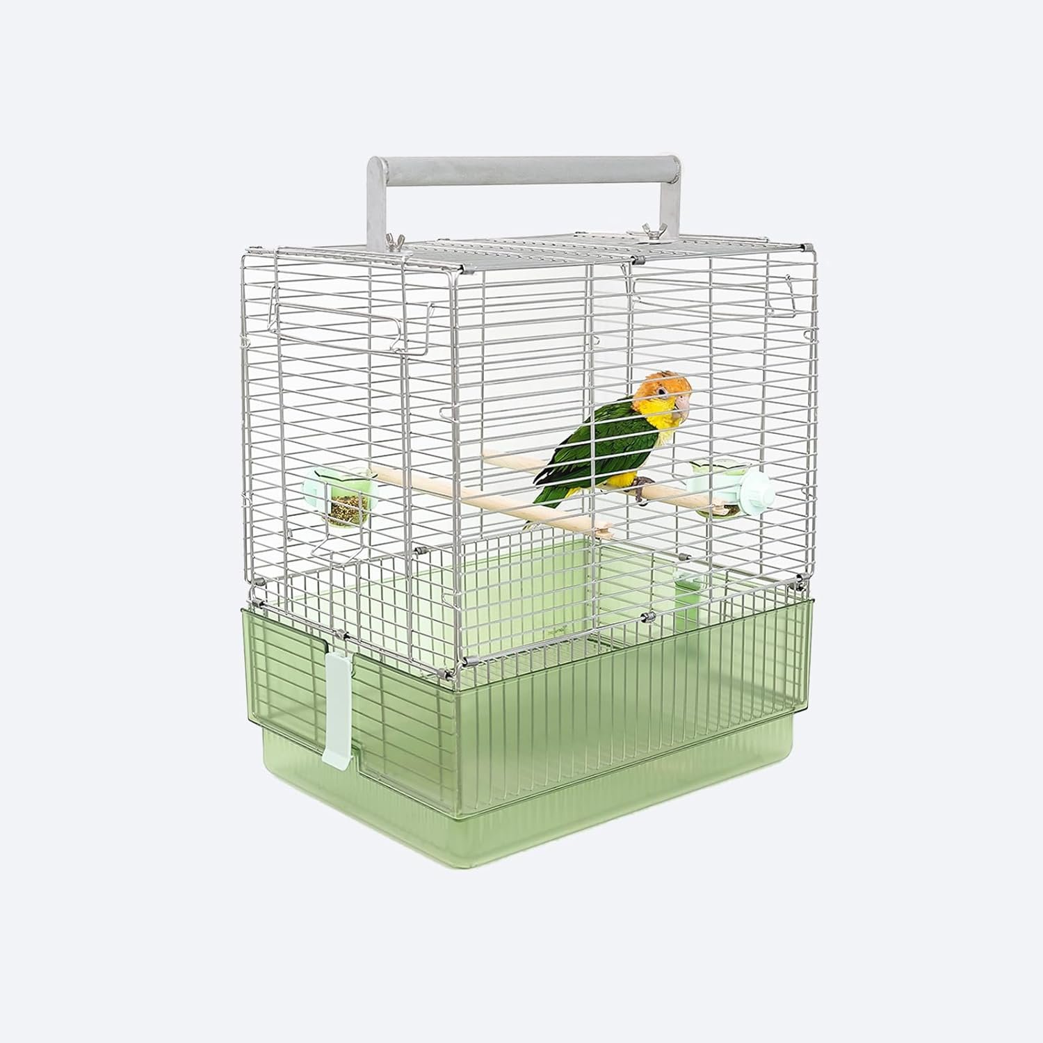 304 Stainless Steel Travel Bird Cage, 17 Inch Foldable Carrier for Conures Cockatiels Grey Parrots Caiques, with Aluminum Handle Perch (Green, Large Birdcage)