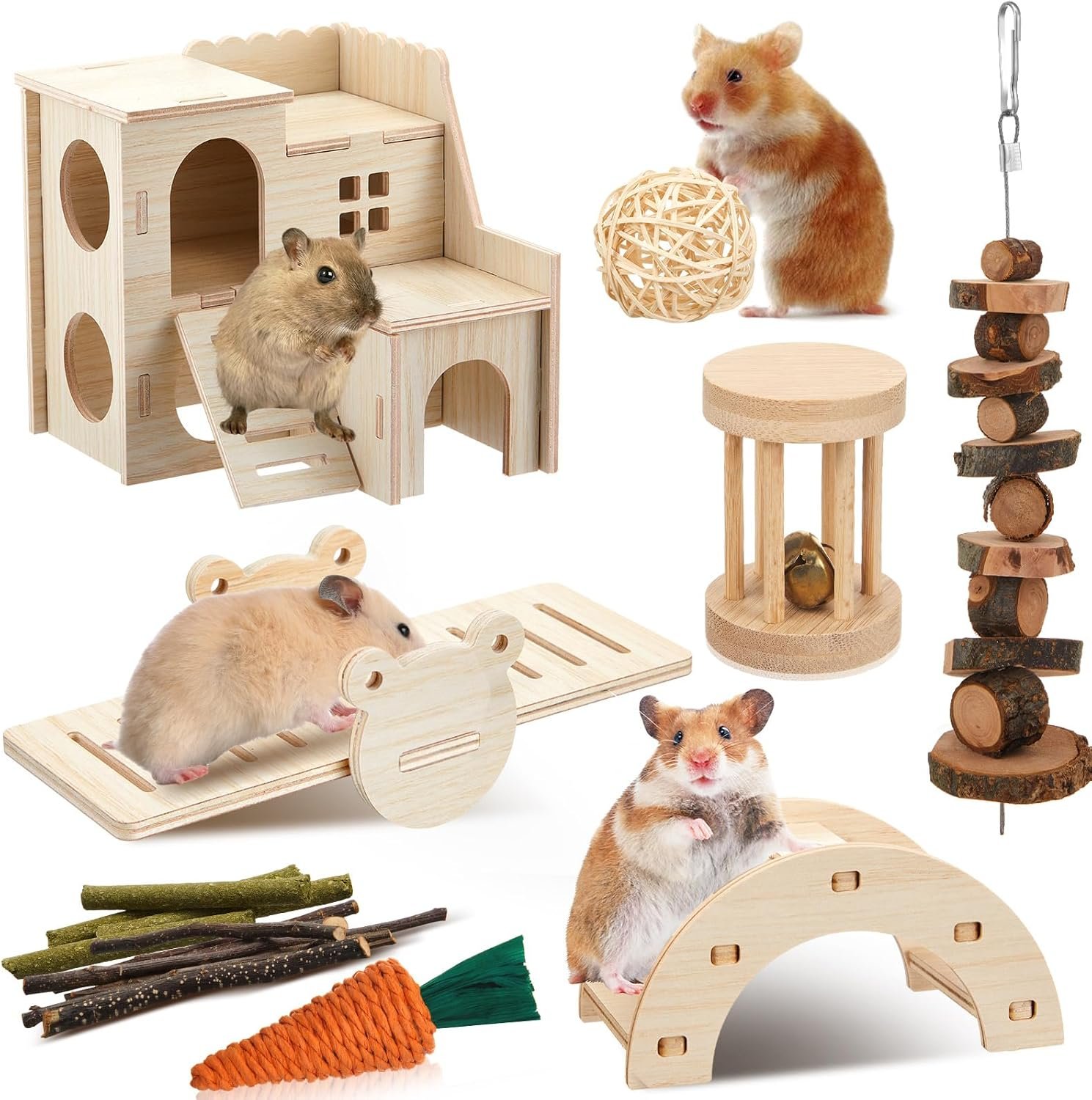 8 Pcs Hamster Cage Accessories Hamster Starter Kit with Maze Wood House, Bridge, Seesaw, Chew Toys Set for Gerbils and Mice Small Animals Habitat Supplies(Classic Villa)