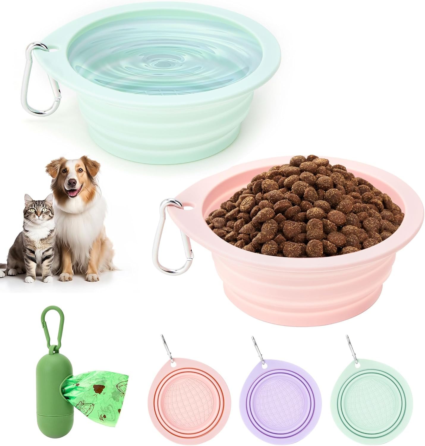 3 Pack Collapsible Dog Bowls,Pet Bowls with Pet Poop Bag Dispenser Set,Portable Silicone Travel Dog Bowls for Walking,Hiking,Camping,Outdoor Travel(Pink&Green)