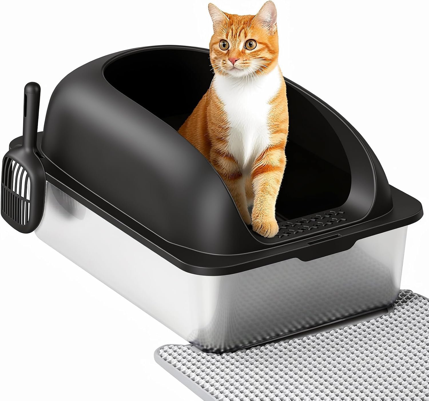 OLIXIS Stainless Steel Cat Litter Box with Lid, Large Cat Litter Box for Big Cats, High Wall Sides, Anti-Urine Leakage, Easy Cleaning, Scoop and Mat Included, Black