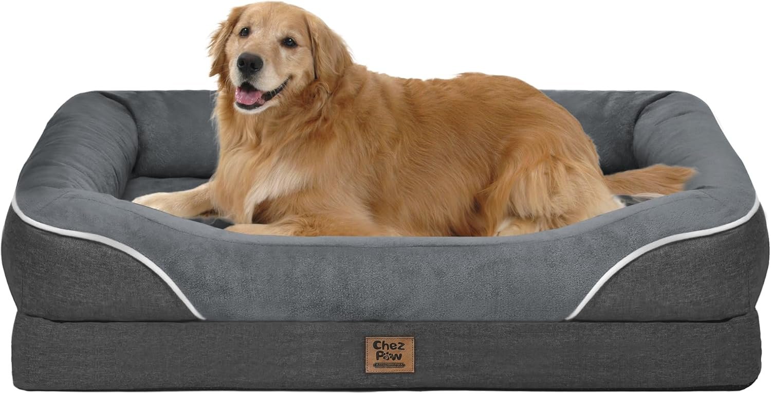 Chez Paw Large Orthopedic Dog Bed for Extra Large Dogs, Waterproof XL Egg-Crate Foam Dog Bed with Removable Washable Cover & Non-Slip Bottom, 4-Sided Bolster Support,Grey 42″x30″x7.5″
