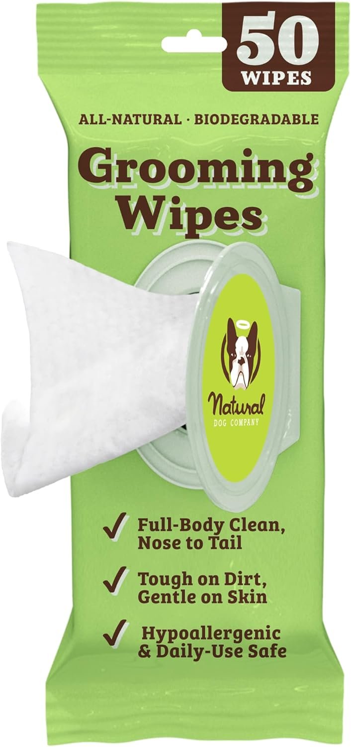 Natural Dog Company XL Grooming Wipes for Dogs – Hypoallergenic, Biodegradable, Fragrance Free – Aloe Vera & Witch Hazel – 7×8 Wipes for Paws, Face, Ears & Butt – Sensitive Skin Pet Wipes – 50 Count