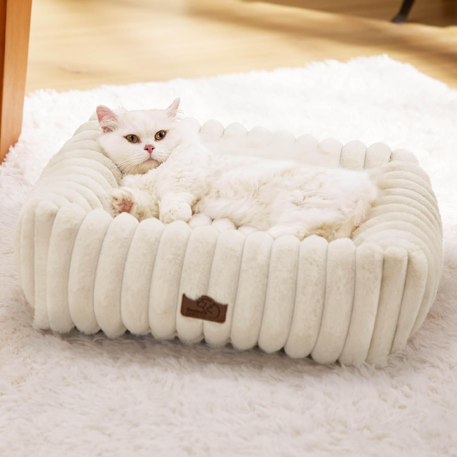 Bedsure ComfyFleece™ Cute Dog Bed for Small Dogs & Cats – Washable Furry Cat Beds, Rectangle Orthopedic Corduroy Fleece Puppy Beds with Removable Zipper Cover, 20x19x6inches, Cream