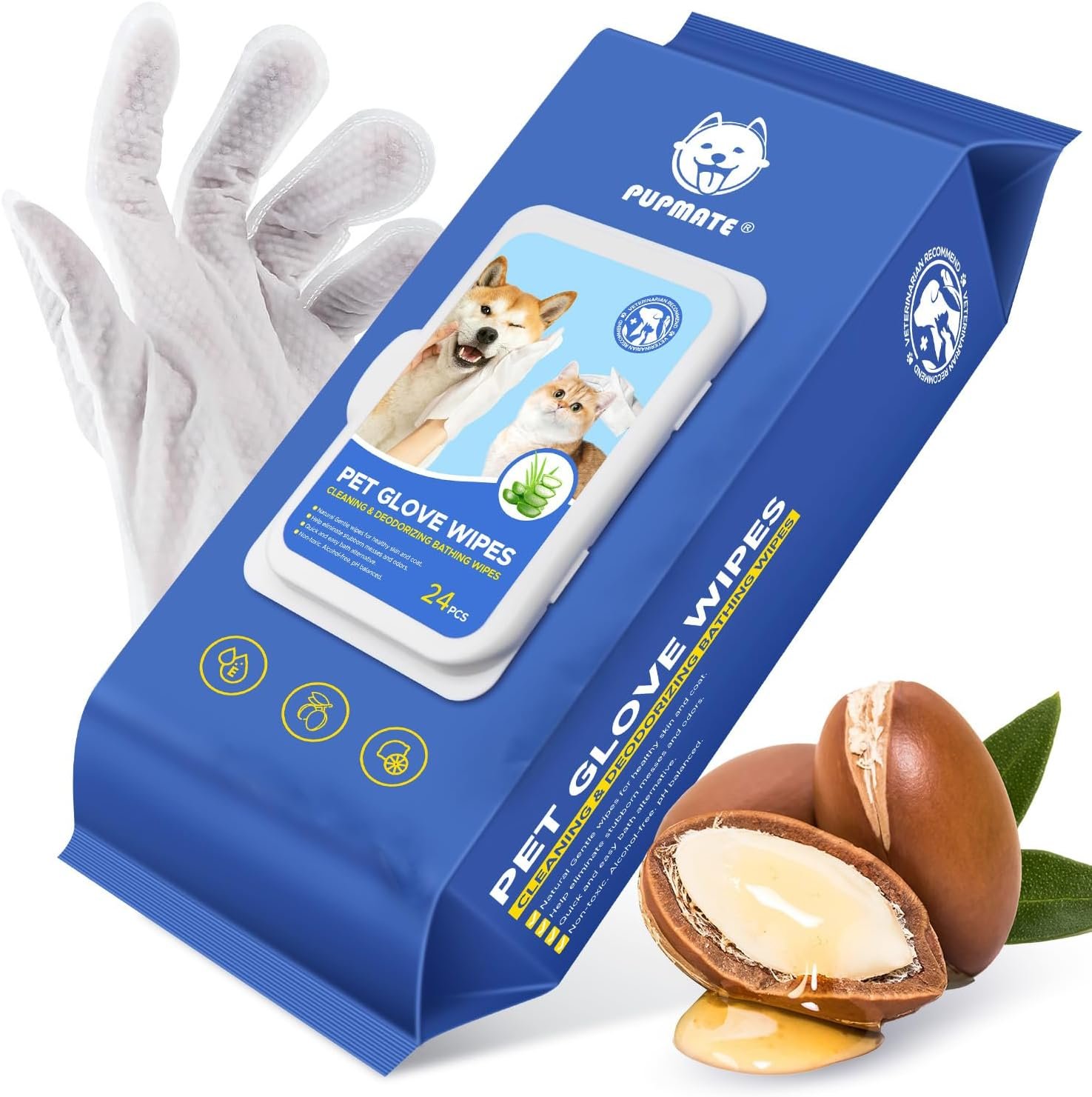 Pet Cleaning Glove Wipes for Dogs & Cats, Hypoallergenic Deodorizing Disposable Bathing Wipes,No-Rinse Grooming Wipes, Extra Thick,Perfect for Pet Dry Cleaning,Daily Care and Travel,24 pcs
