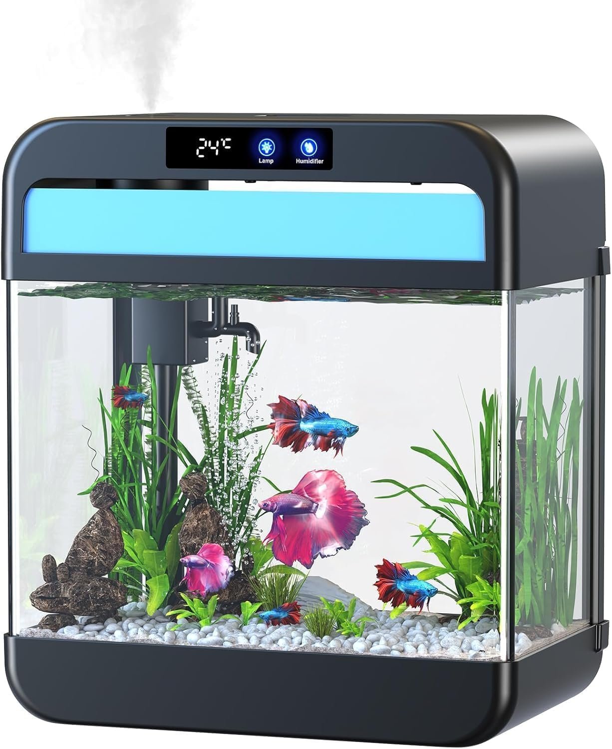 Fish Tank 2.2 Gallon,Small Fish Tanks Kits,Aquarium Fish Tank Starter Kit with 3-in-1 Silent Pump and 7 Color Led Light,with Temperature Display,for Fish,Shrimp,Betta(Black-2.2 Gallon)