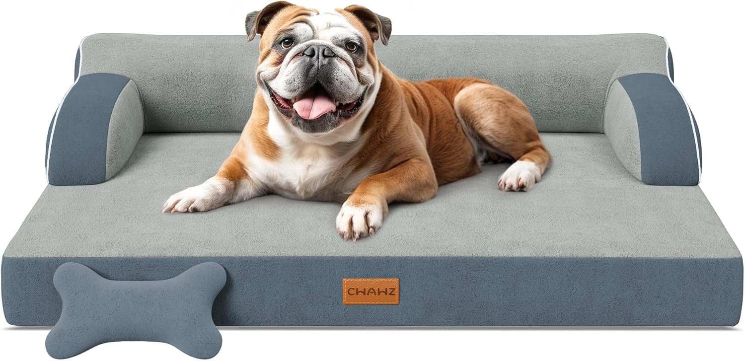 CWAWZ Large Orthopedic Dog Bed, Pet Bed Large Size Dog, Dual-Sided Cooling Beds with Memory Foam Washable Cover Nonslip Bottom, Waterproof Pet Beds with Bolsters, Dark Grey