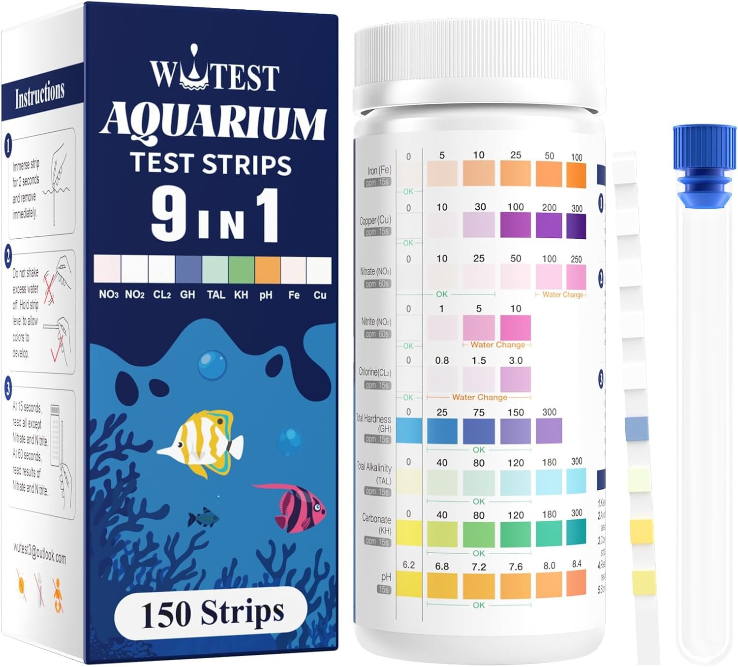 9-Way Aquarium Test Strips – 150 Aquarium Water Test Kit Fish Tank Test Kit Quick & Accurate Testing Iron Copper Nitrate Nitrite Chlorine Total Hardness Total Alkalinity Carbonate pH