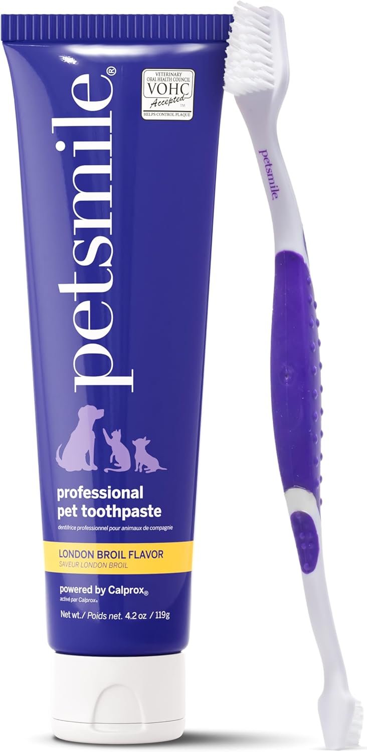 petsmile Professional Pet Teeth Brushing Kit for Cats & Dogs – VOHC Accepted Toothpaste & Patented Toothbrush – Proven to Control Plaque & Tartar Calprox Formula (London Broil, 4.2 Oz)