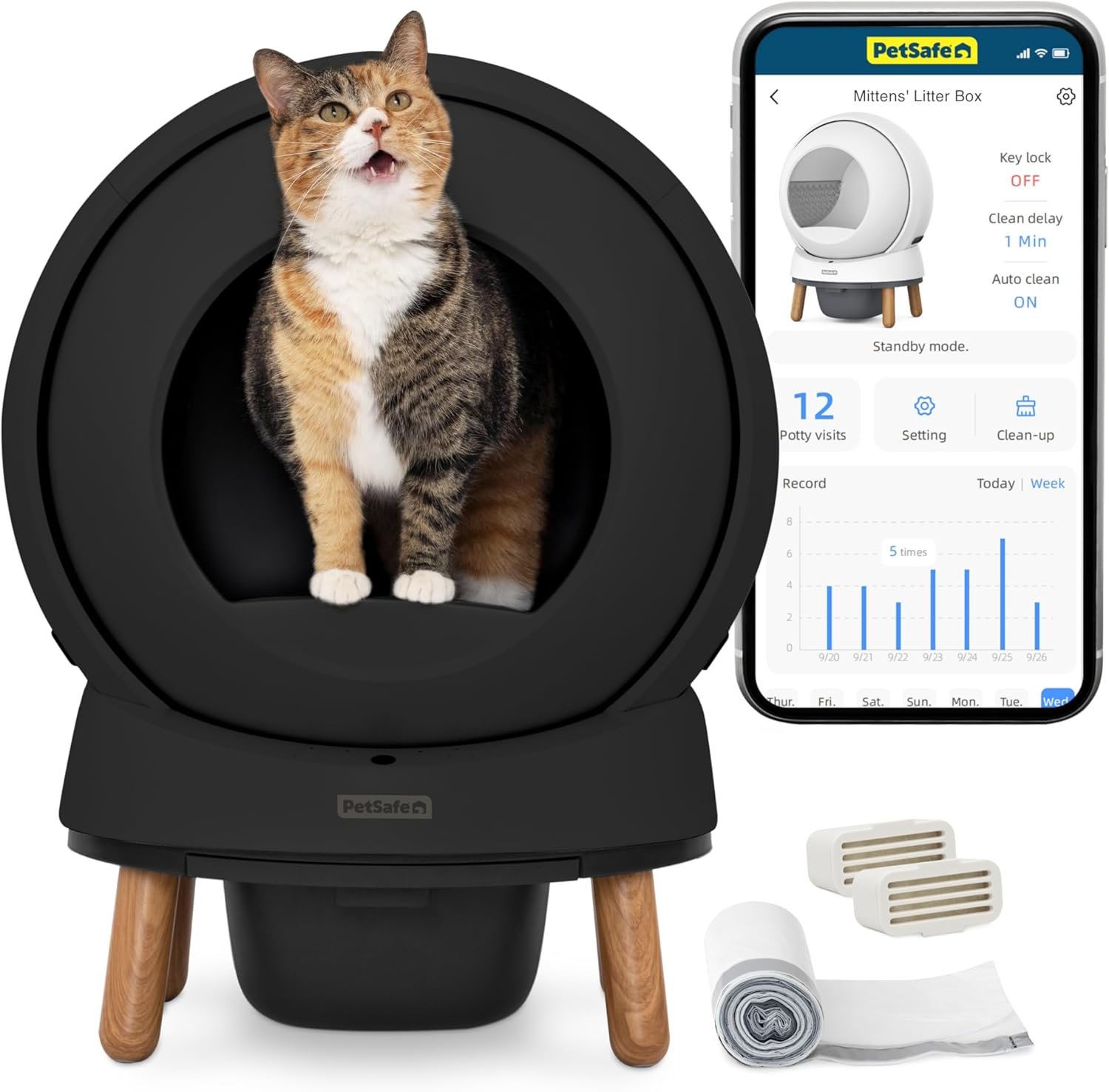 PetSafe ScoopFree SmartSpin Self-Cleaning Litter Box – Automatic Litter Box – App Controlled – Features Odor Control & Spacious Waste Drawer – Black