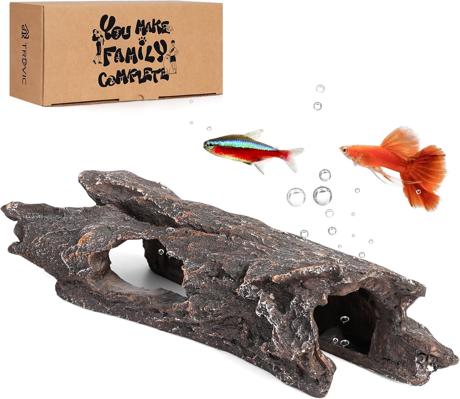 TRUVIC Fish Tank Decorations – Aquarium Cave Decor, Resin Hollow Tree Trunk Reptile Hide & Betta Log Hideout for 20 Gallon Tank, Fish Accessories Shelter Cave