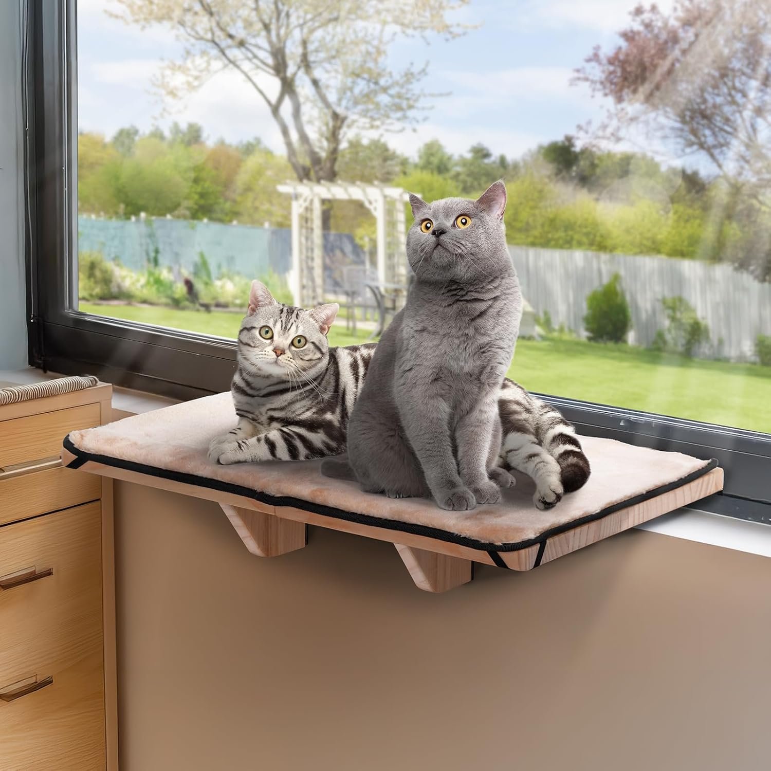 PETSFIT Cat Window Perch for 2 Cats, Adjustable Cat Hammock with Removable Fleece Mat, Natural Solid Wood Design, Easy to Assemble Window Perch for Large Cats, Fits Windowsill, Bedside & Drawer