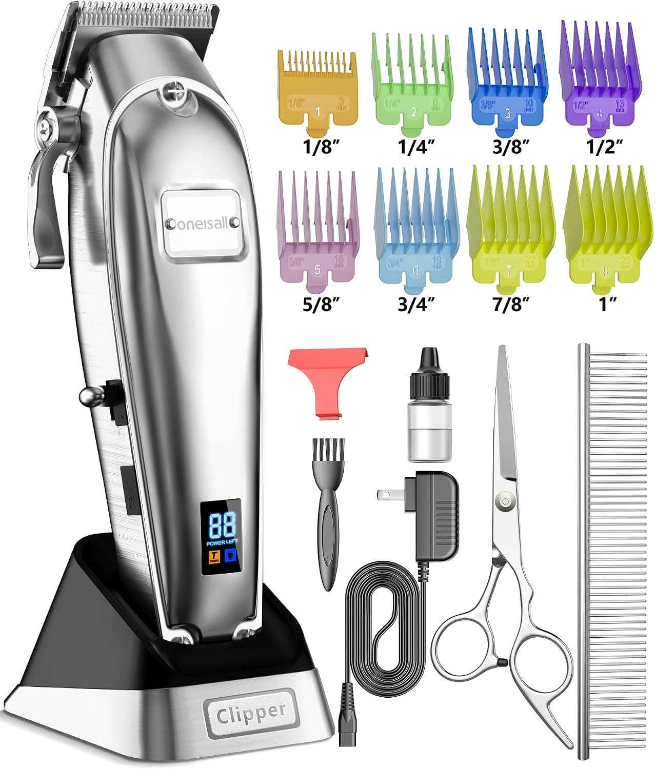 oneisall Dog Grooming Clippers for Thick Heavy Coats,Low Noise Cordless Dog Grooming Kit with Metal Blades, All Stainless Steel, 2 Speeds