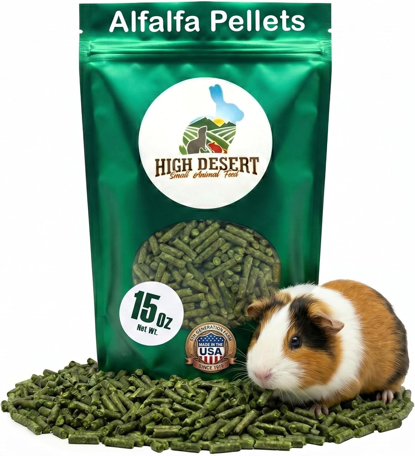 High Desert Delight Alfalfa Pellets, Protein Rich Small Animal Food for Young Rabbits Guinea Pigs and Small Pets, Natural Fiber Alfalfa Hay Pellets for Digestive Health, Fresh Hand Packed 15 oz Bag