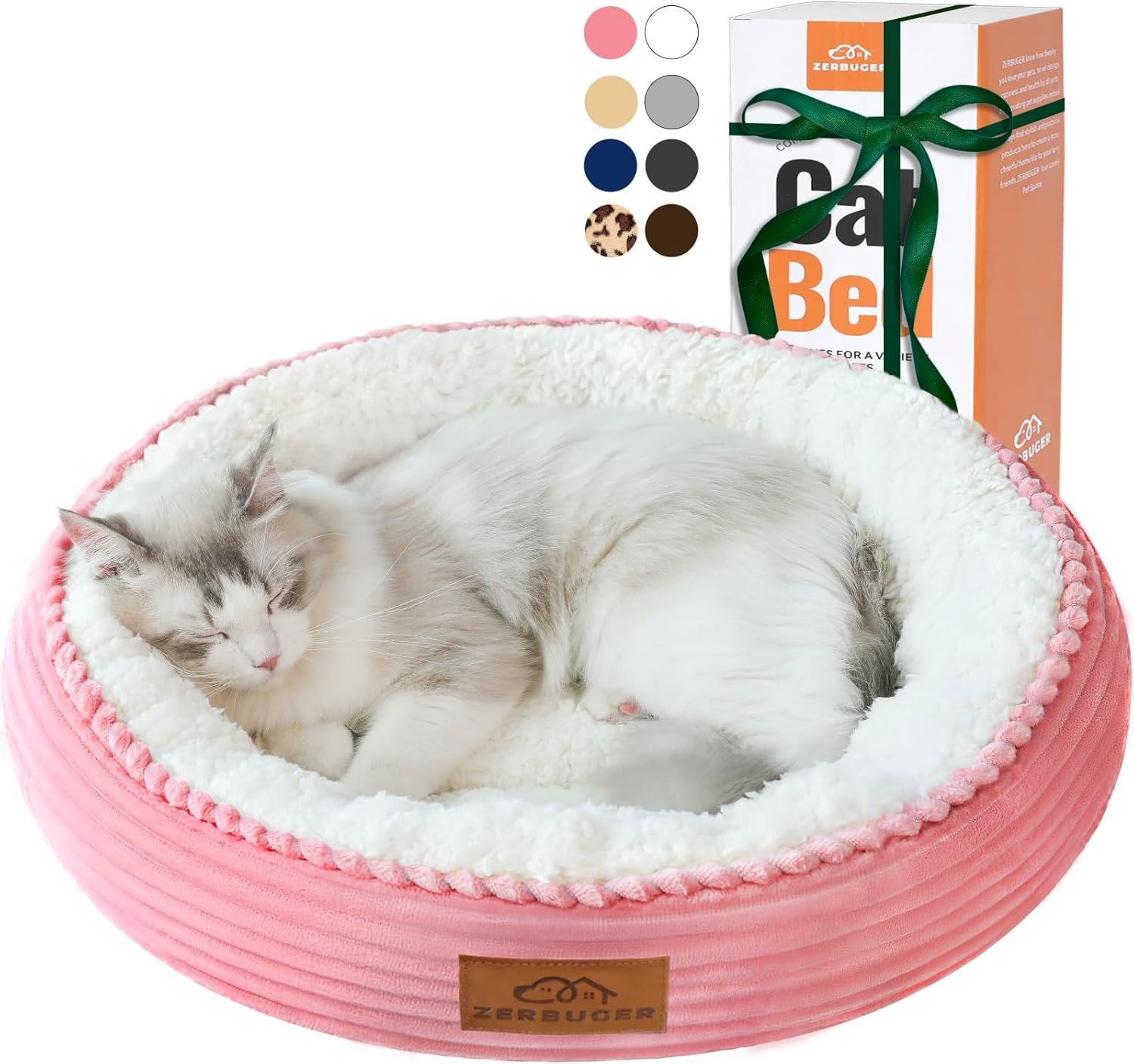 Zerbuger 20in Washable Cat Beds for Indoor Cats – Round Donut Pet Bed for Cats, Small Dogs, Puppy, Kitten – Anti-Slip Bottom, Calming Bed Gift – Pink