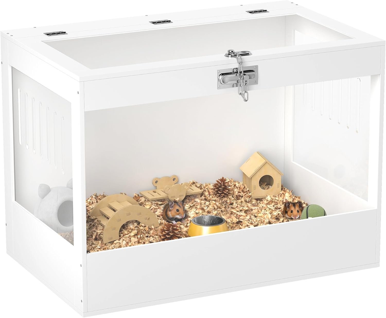 PawHut Hamster Cage with Openable Top & Lock, Transparent Acrylic Panels Small Animal Habitat with Hut, Seesaw, Ladder, for Dwarf Hamster Gerbil, 31.5″ x 20″ x 23″, White