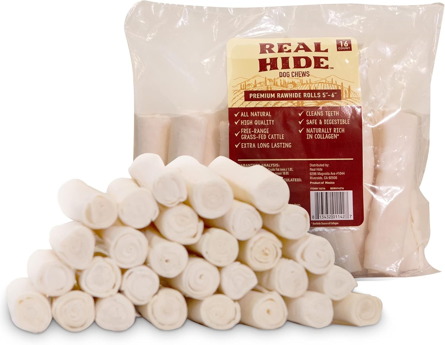 Real Hide | All Natural Dog Chew Treats – Premium Rawhide Rolls, 5-6 Inch – Long Lasting Grass Fed Free Range Beef Hide – Small/Medium Dogs – 16 Count