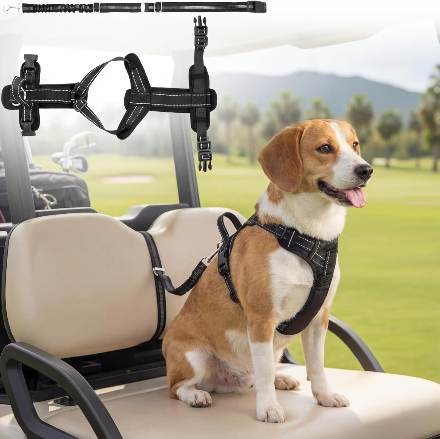 Hsei Dog Seat Belt Harness for Golf Cart, Pet No Pull Dog Seat Leash, Adjustable Black Vest Harness with Reflective Nylon Tear-Resistant Webbing & Elastic Bungee for Outdoor(L: Chest 18.1″-24.8″)