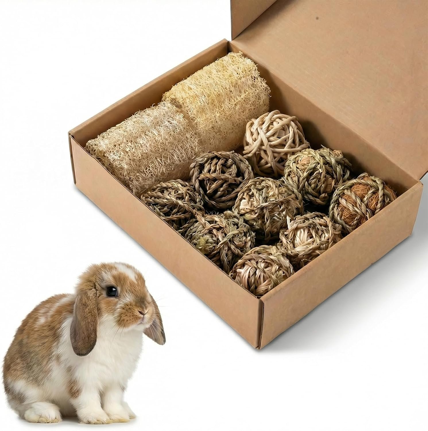 11 Pcs Rabbit Chew Toys, Interactive Bunny Foraging Toy, Natural Materials, Loofah Sponges, Seagrass Balls, Dental Cleaning, Relieve Stress