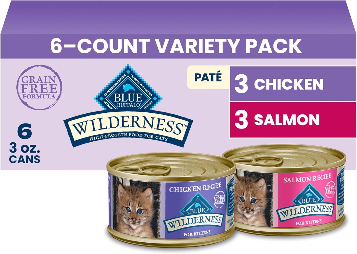 Blue Buffalo Wilderness Kitten Grain-Free Chicken Paté & Salmon Paté Wet Cat Food with DHA, High-Protein & Made with Natural Ingredients, Supports Healthy Growth & Development, 3-oz. Each (6 Count)
