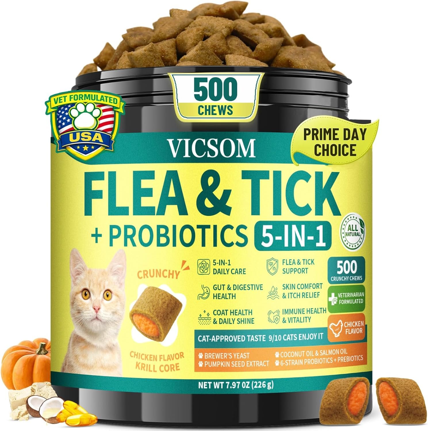 Flea and Tick Prevention for Cats, 500 Crunchy & Krill Chews with Probiotics for Cats, Cat Flea Chews with Gut & Digestive Support, Skin & Coat Support for All Breeds & Ages, Chicken Flavor