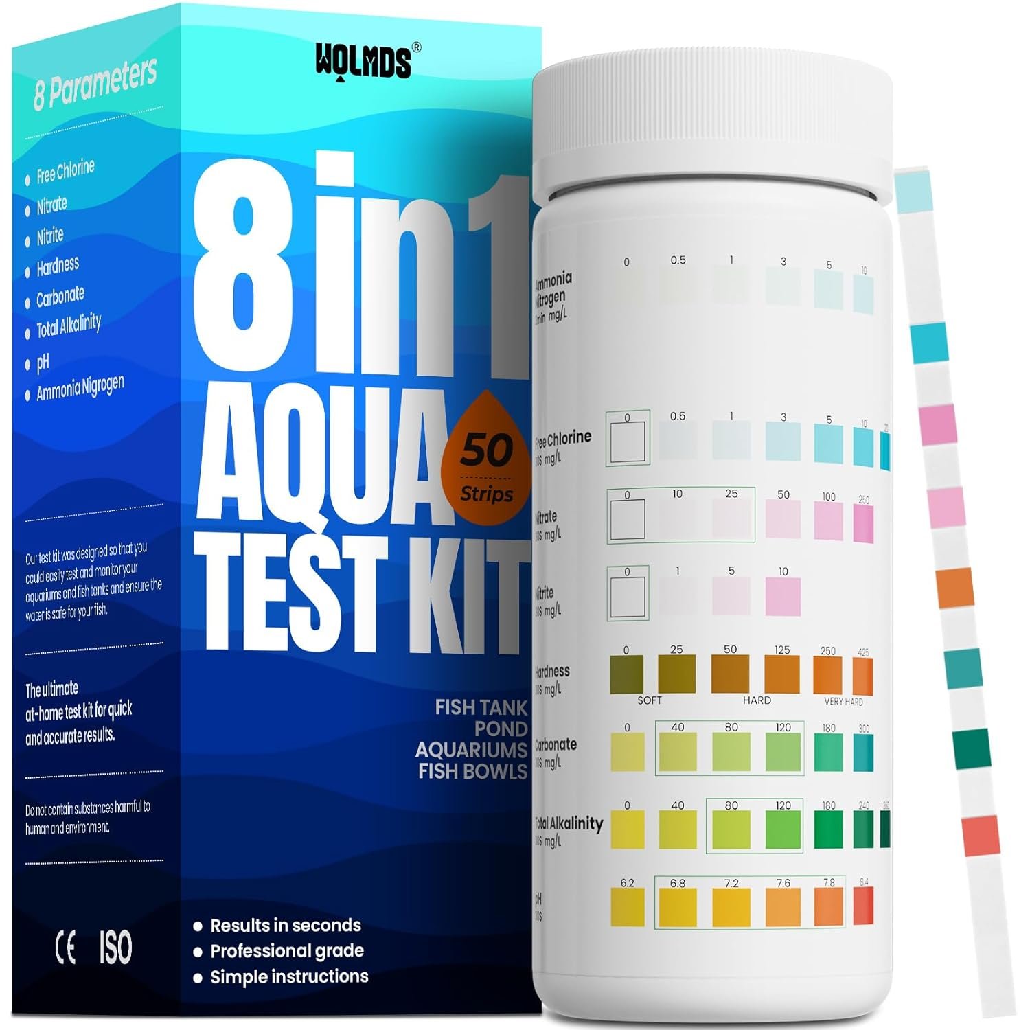 Aquarium Test Strips – 8-in-1 Aquarium Water Test Kit: Fish Tank Testing Kit for Freshwater & Saltwater, 50 Strips,Fast & Accurate Ammonia, pH, Hardness, & More， Lead Water Test Kit for Ponds