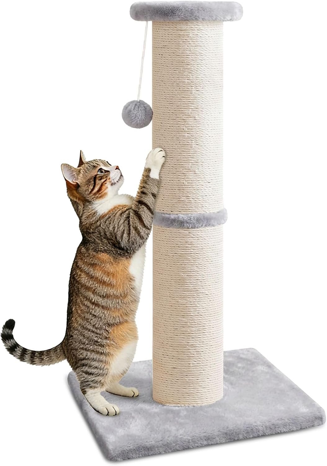 PAWSCRAT Cat Scratching Post 32″ Tall, 5-Inch Diameter Natural Sisal Cat Scratch Post with Dangling Ball for Indoor Cats, Scratch-Resistant Durable and Protect Your Furniture, LightGrey