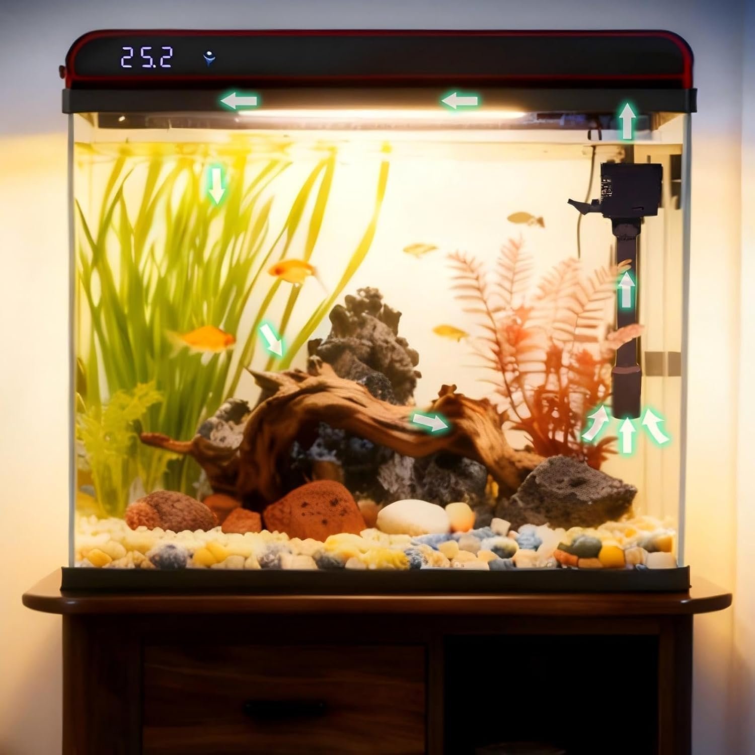Coospider 20 Gallon Glass Fish Tank, Aquarium Starter Kit with Quiet Filter Pump, 3-Color LED Lights, Simple Self-Cleaning Aquarium with Temp Monitoring for Betta Fish, Shrimp, Kids Gift Idea