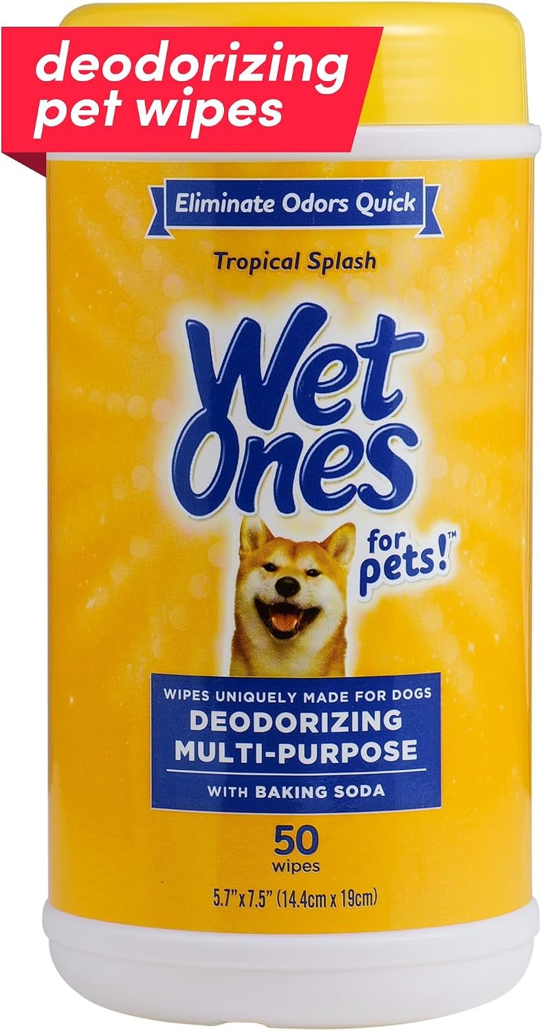 Wet Ones for Pets Deodorizing Dog Wipes with Baking Soda, Tropical Splash Scent – Multipurpose Deodorizing Pet Grooming Wipes in Resealable Canister, 50 Count