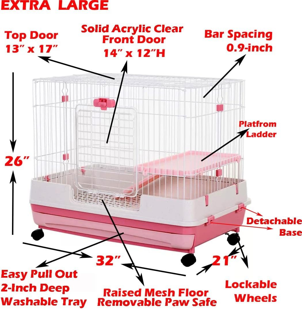 Pink Extra Large Cage for Guinea Pig, Black, 32″ L x 21″ W x 28″ H, Roomy 2-Level Easy to Clean, Anti-Slip Step Ramp, Safety Lockable Casters, No Tools Needed