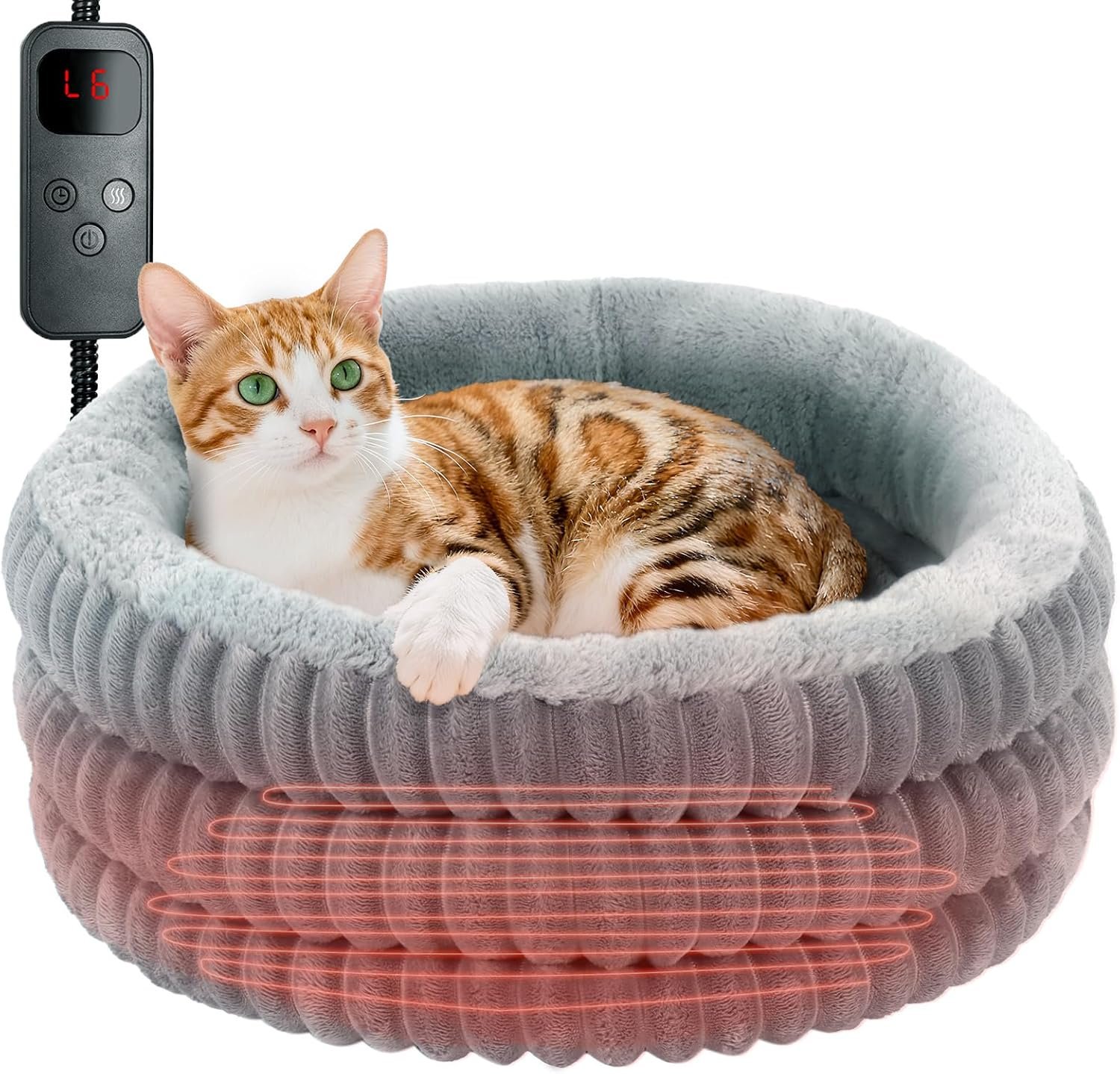 Heated Cat Bed Indoor, 20″ Round Donut Deep Sleep Calming Heated Pet Beds for Cats and Small Dogs, Comfort Electric Thermal Cat Warming Bed with Adjustable Heating Pad, Washable and Indoor Use