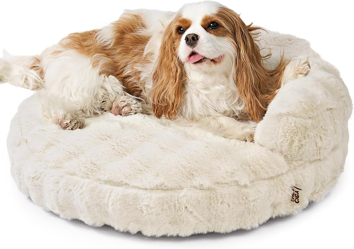 EHEYCIGA Soft Cat Couch Bed for Indoor Cats, Fluffy Small Dog Bed with Removable Washable Cover, Bolster Pet Sofa, Waterproof and Non-Slip, 23″ x 23″x 7″, Cream