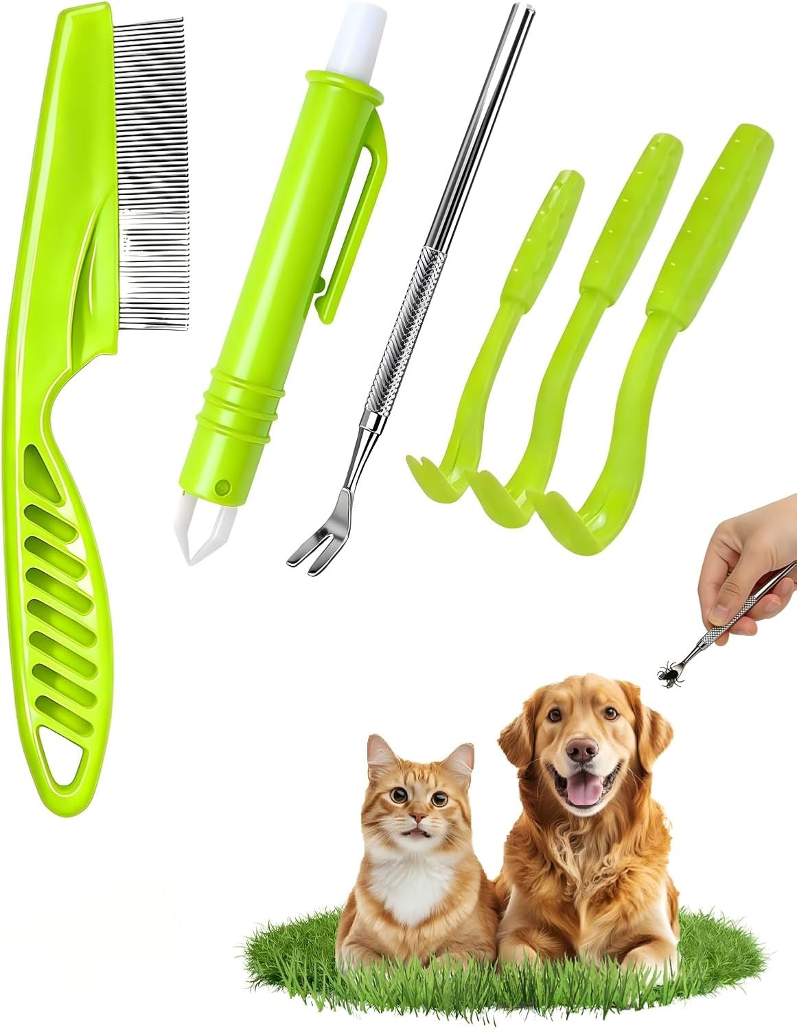 Tick Removal Tool 6 in 1, Pet Tick Remover Kit with Flea Comb, Portable Outdoor Stainless Steel Control Fork, 3 Ultra-Safe Tick Twister for Dogs, Cats, Horses & Humans (Green)
