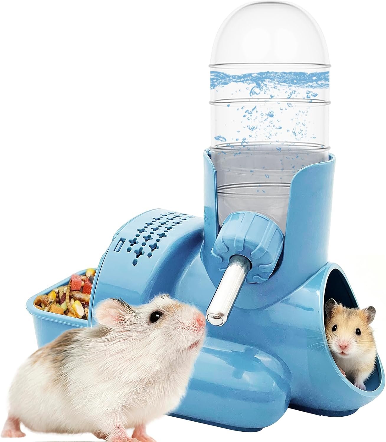VANNON 3 in 1 Hamster Water Bottle No Drip Small Animal Water Bottle Automatic Bottle Dispenser with Food Container Base Hut and Hideout Base 4oz/120ml,Leekproof, BPA Free