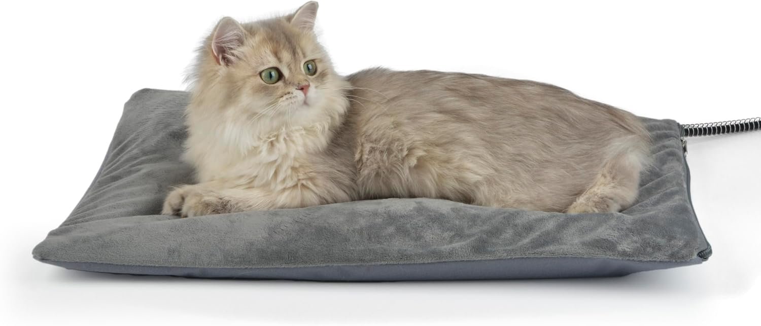 Outdoor Heated Cat Bed, Soft Pet Heating Pad with Steel-Wrapped Cord, Outside Pet Warmer for Feral Cats and Dogs, 19.7″ x 15.7″, 40 Watts