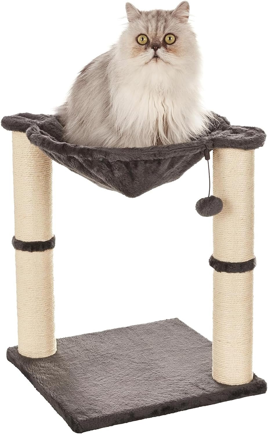 Amazon Basics Sturdy Cat Condo Tower with Hammock Bed and Scratching Posts, Interactive Hanging Ball Toy for Indoor Cats, 15.8″ x 15.8″ x 19.7″, Gray