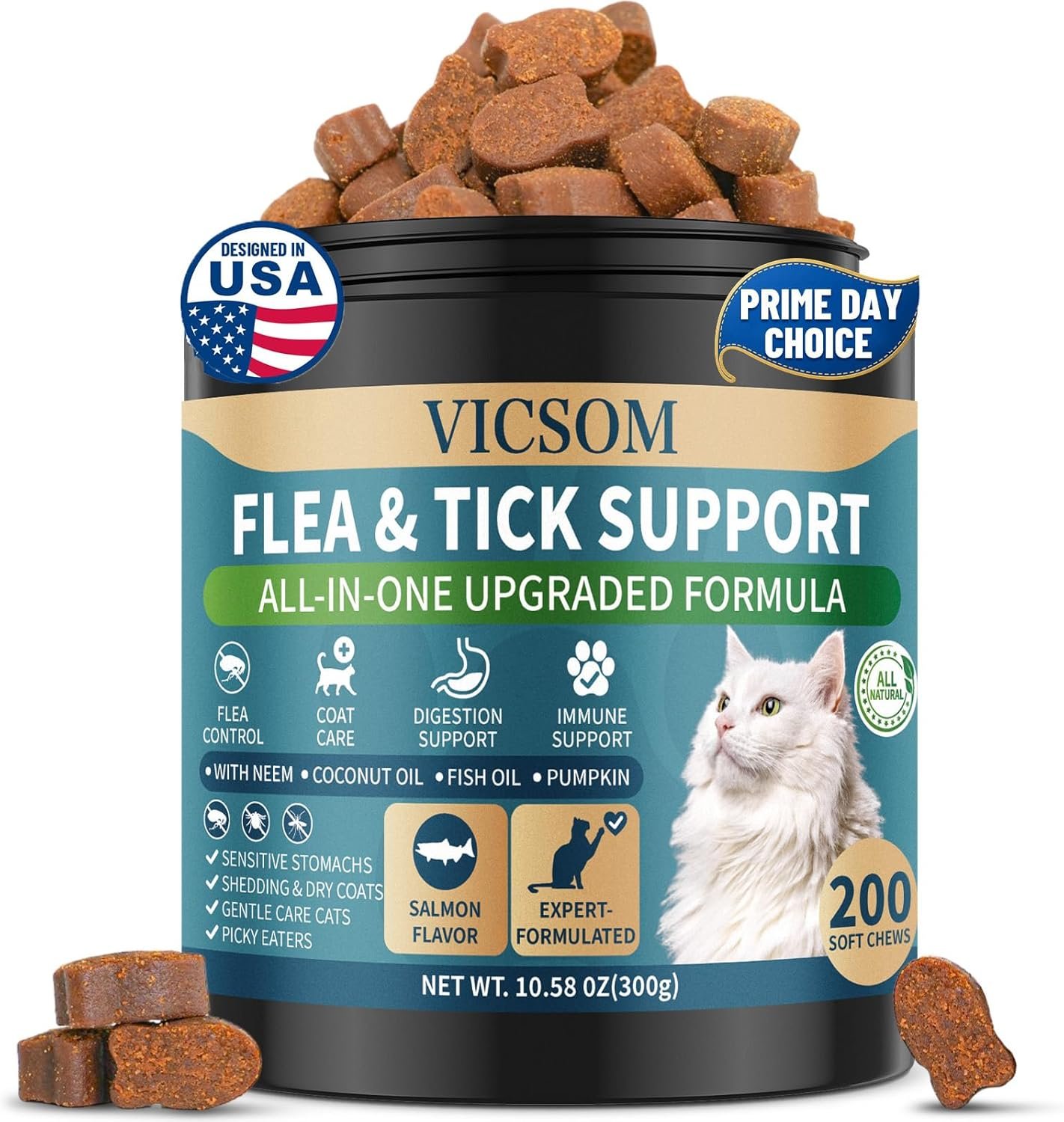 Flea and Tick Prevention for Cats Chewable, 200 Treats Natural Cat Flea Treatment, Skin & Digestive Support Oral Supplement Chew Flea and Tick Treatment for Cat Kitten All Breeds & Ages, Salmon Flavor