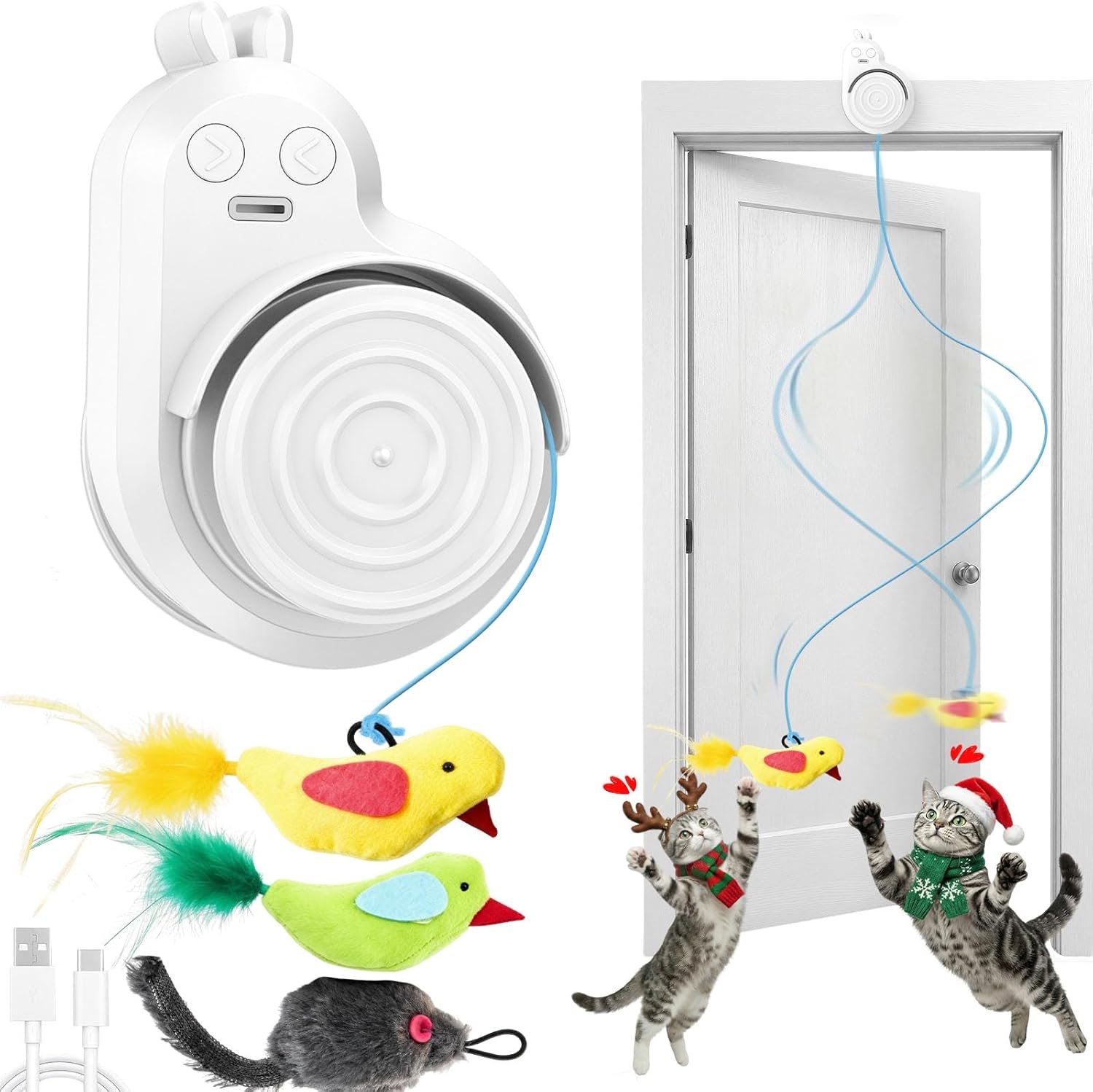 Interactive Cat Toys for Indoor Cats – Automatic Flying Bird Feather & Mouse Wand Enrichment Toy, Hands-Free or Handheld USB-Rechargeable Safe Play Chase Exercise for Bored Kittens and Adult Cats