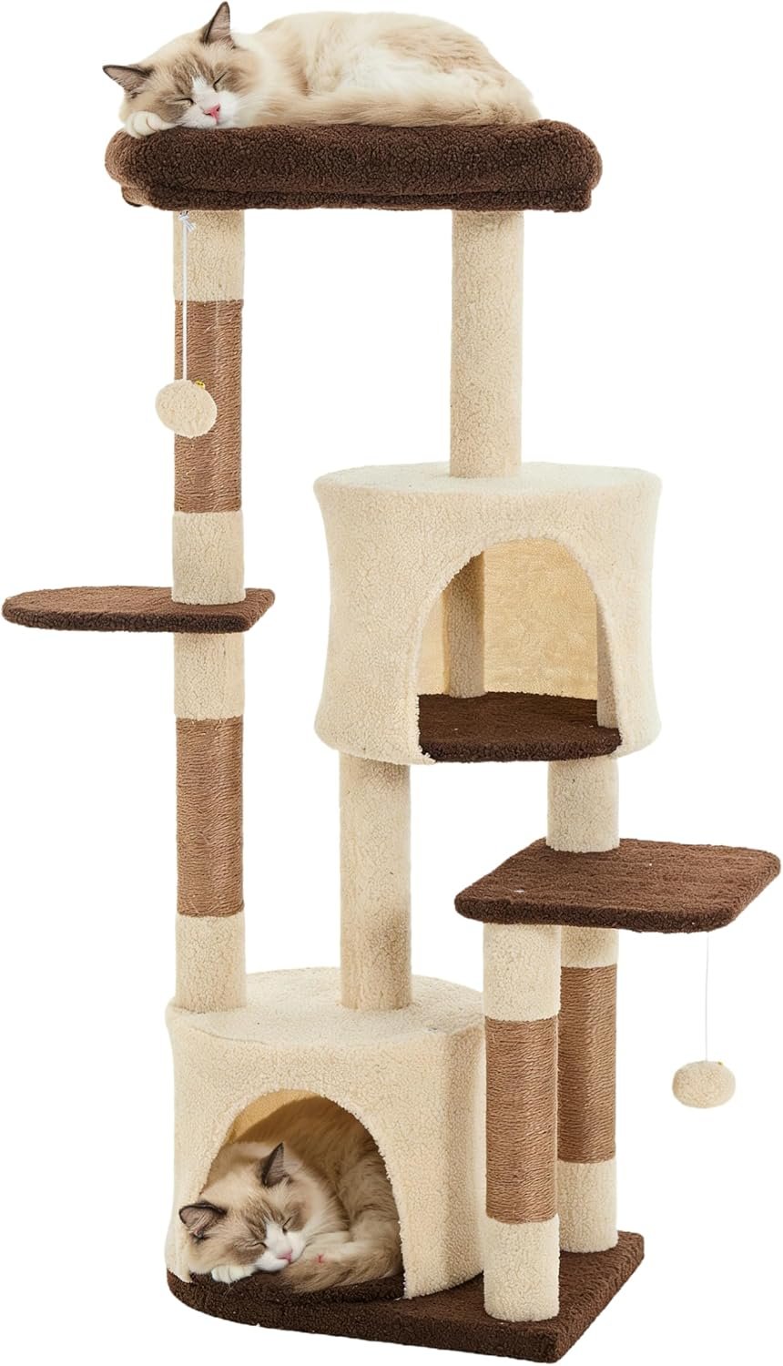 45.3-inch Multi-Level Cat Tree Tower with 3 Soft Platforms & 2 Cat Caves, Fully Wrapped Sisal Scratching Post for Indoor Cats, Dangling Toy, Brown