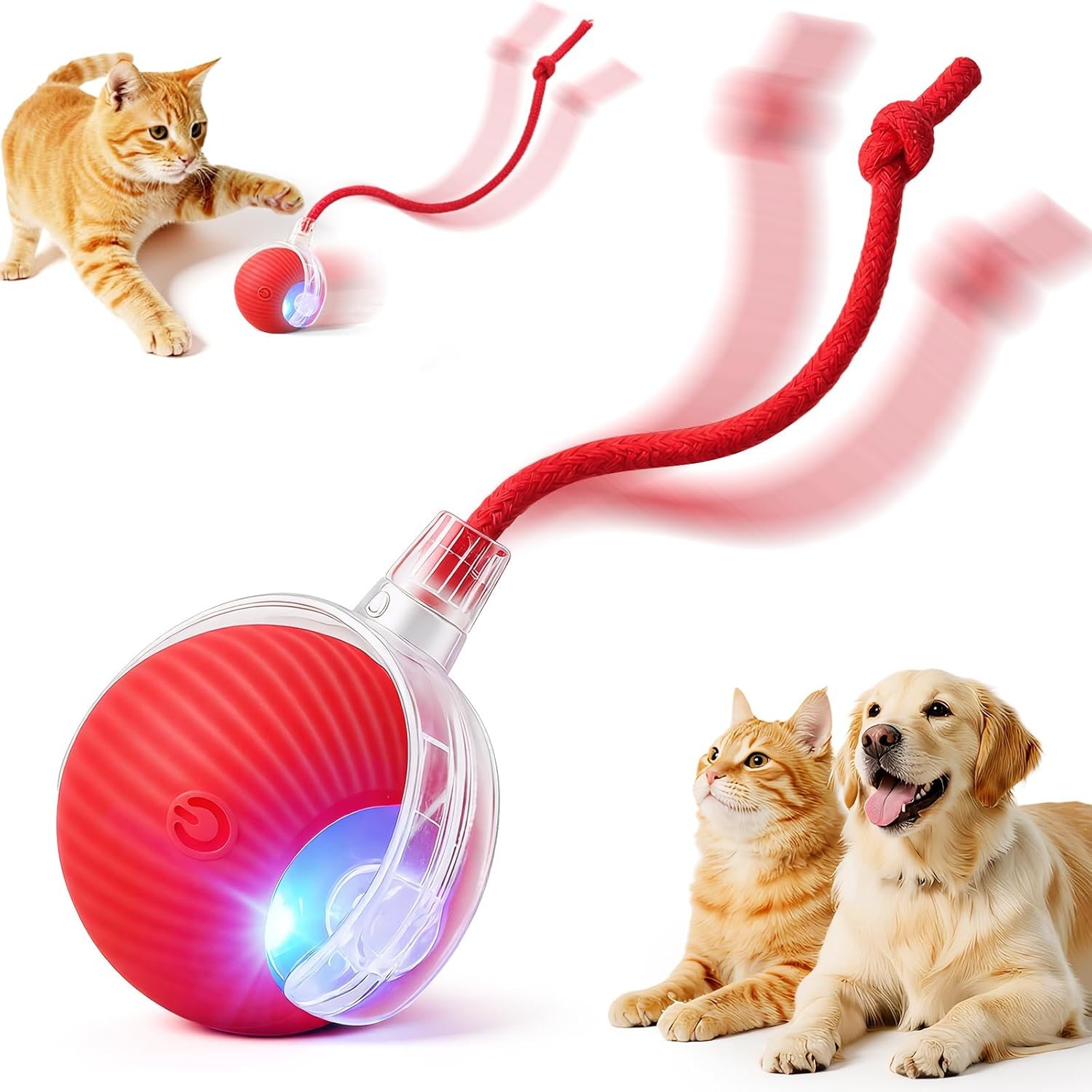 Smart Interactive Automatic Electric Rolling Moving Rechargeable Motion Activated Self Play Electronic Stimulation Chase Teaser Ball Toy with Rope for Indoor Bored Adult Cat and Dog Not Chewing, Red