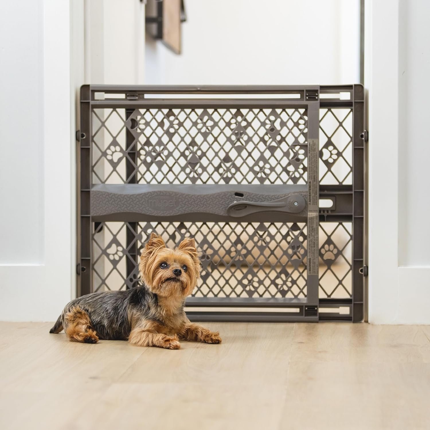 MYPET Paws Portable Pet Gate: 26-40″ Wide Expandable, Pressure Mounted No Tools Needed, Durable Dog Gate for Doorways, Made in USA, 23″ Tall, Fieldstone Gray