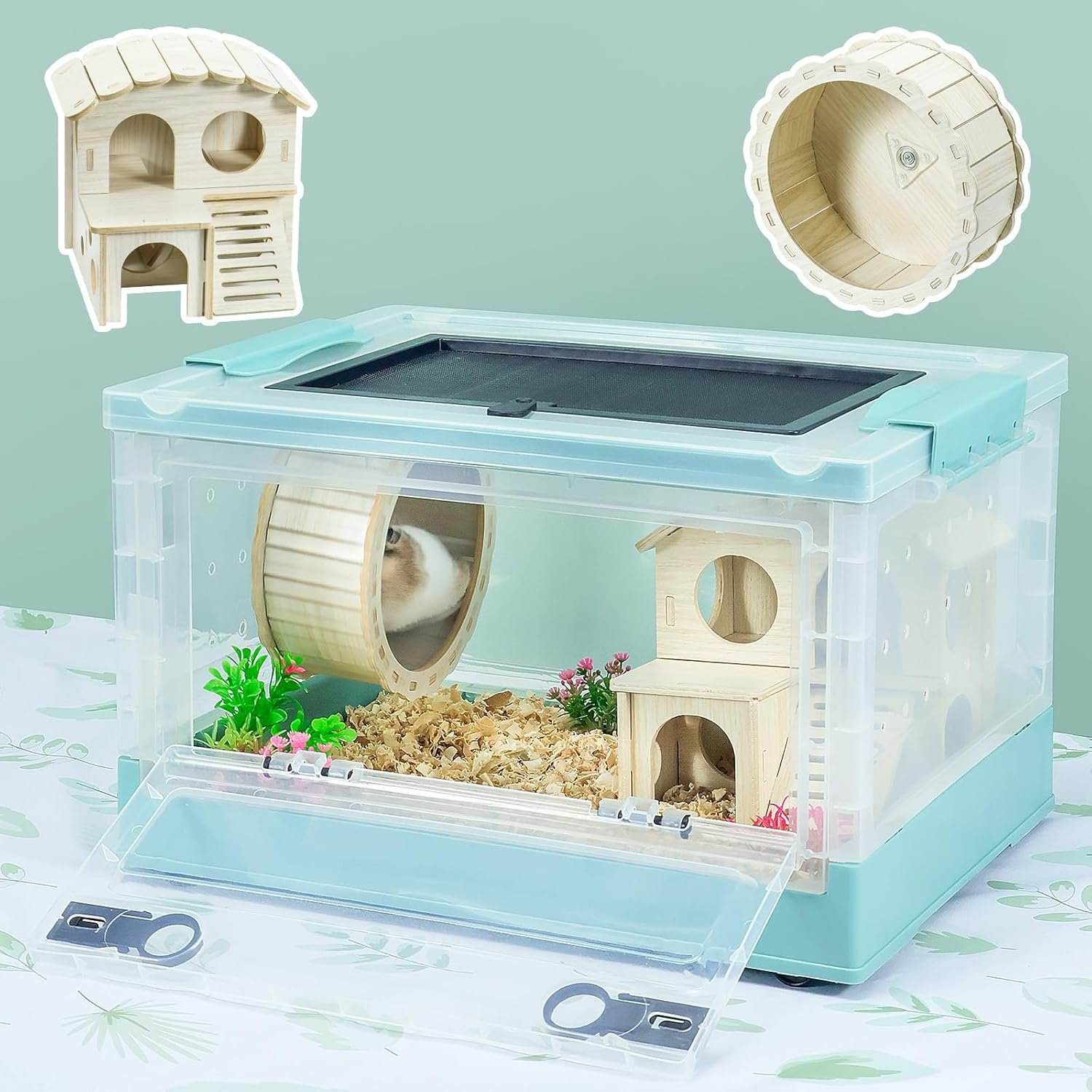 Hamsters Cage Large, Foldable Portable 360° Viewing Ventilated Cages with Villas, Exercise Wheels, for Hamsters, Rats, Dwarf Hamsters, Gerbils, Guinea Pigs Blue 16″ L x 12″ W x 9.5″ H
