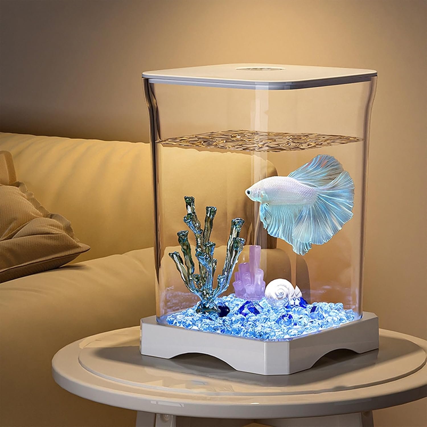 Aquarium Starter Kit Small Glass Betta Fish Tank Desktop Mini Fish Bowl for Shrimp Goldfish with Filter Pump LED (White)