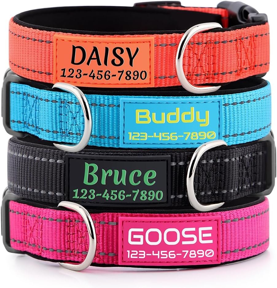 Personalized Dog Collars Custom with Pet Name and Phone Number, Soft Neoprene Padded Reflective Nylon Collar, 4 Adjustable Sizes – for Boy, Girl Dogs