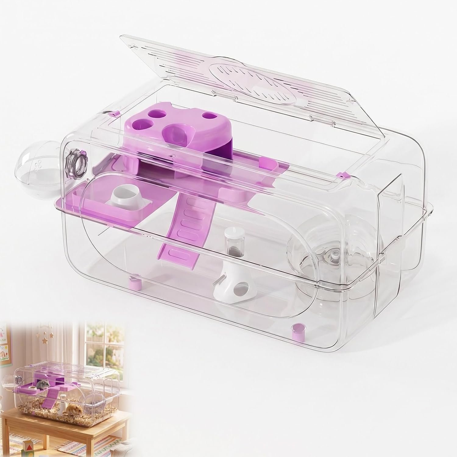 Large Hamster Cage 24″ L×14″ H – 360° Clear TV Shaped Pet Enclosure with 12-in-1 Starter Kit, 2-Tier Acrylic Habitat with Deep Burrowing Base, Silent Wheel for Syrian, Dwarf Hamsters & Gerbil Cage