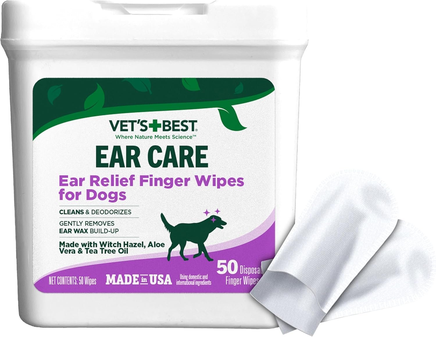 Vet’s Best Ear Relief Finger Wipes | Ear Cleansing Finger Wipes for Dogs | Sooths & Deodorizes | 50 Disposable Wipes