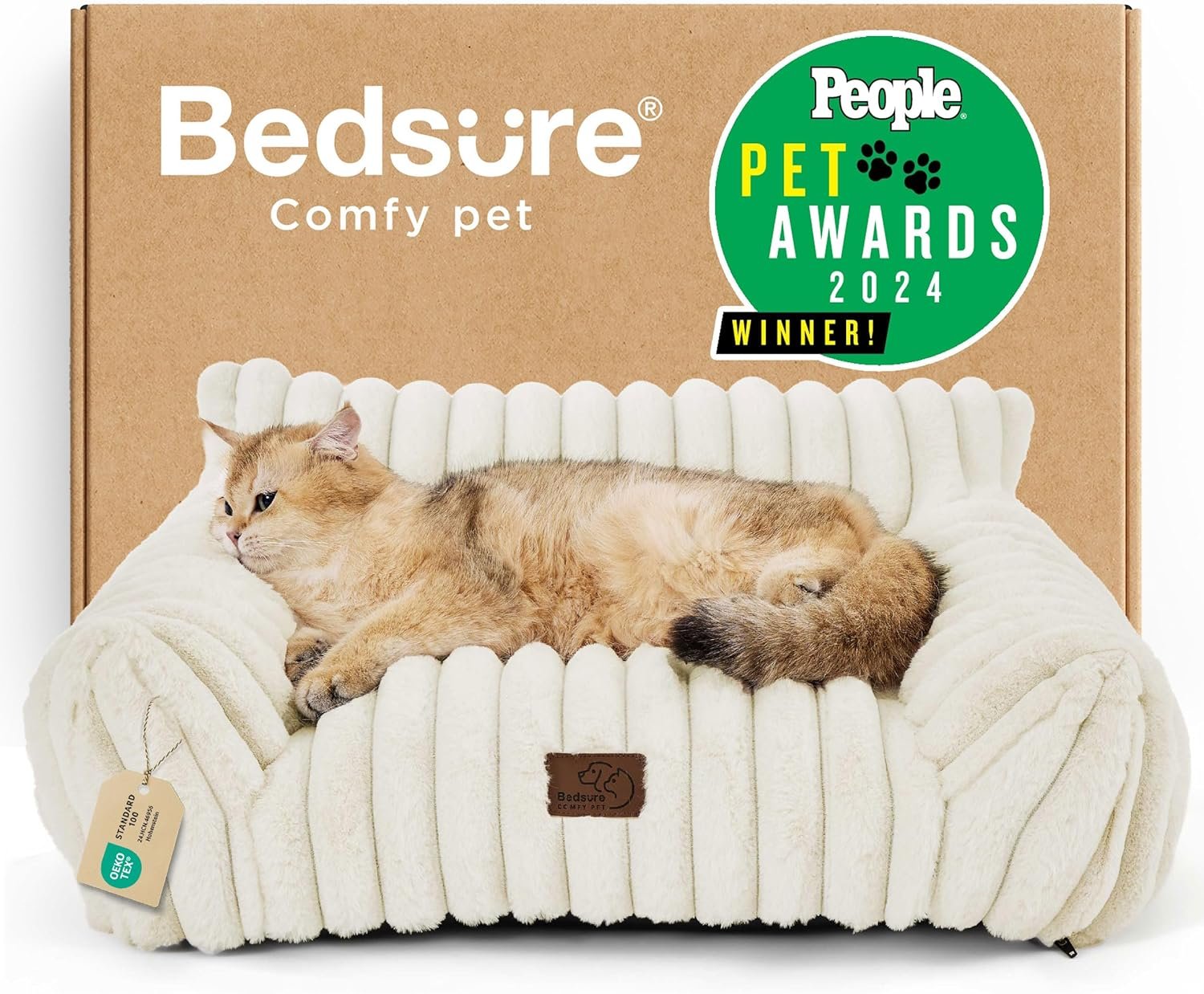 Bedsure ComfyFleece™ Cute Cat Couch for Pets – As Seen on TV on Good Day New York, Fluffy Cats beds for Indoor Cats with Removable Washable Cover, Supportive Pet Sofa, 24inch, Cream