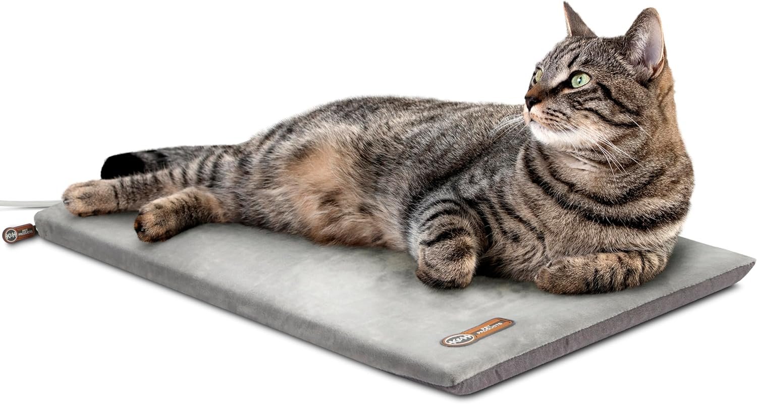 K&H Pet Products Heated Cat Bed Pad for Indoor Cats, Thermo-Kitty Mat Calming Warm Pet Heating Pad for Inside Pets, Machine Washable, Waterproof Heater, Safety Listed – 12.5 X 25in Gray
