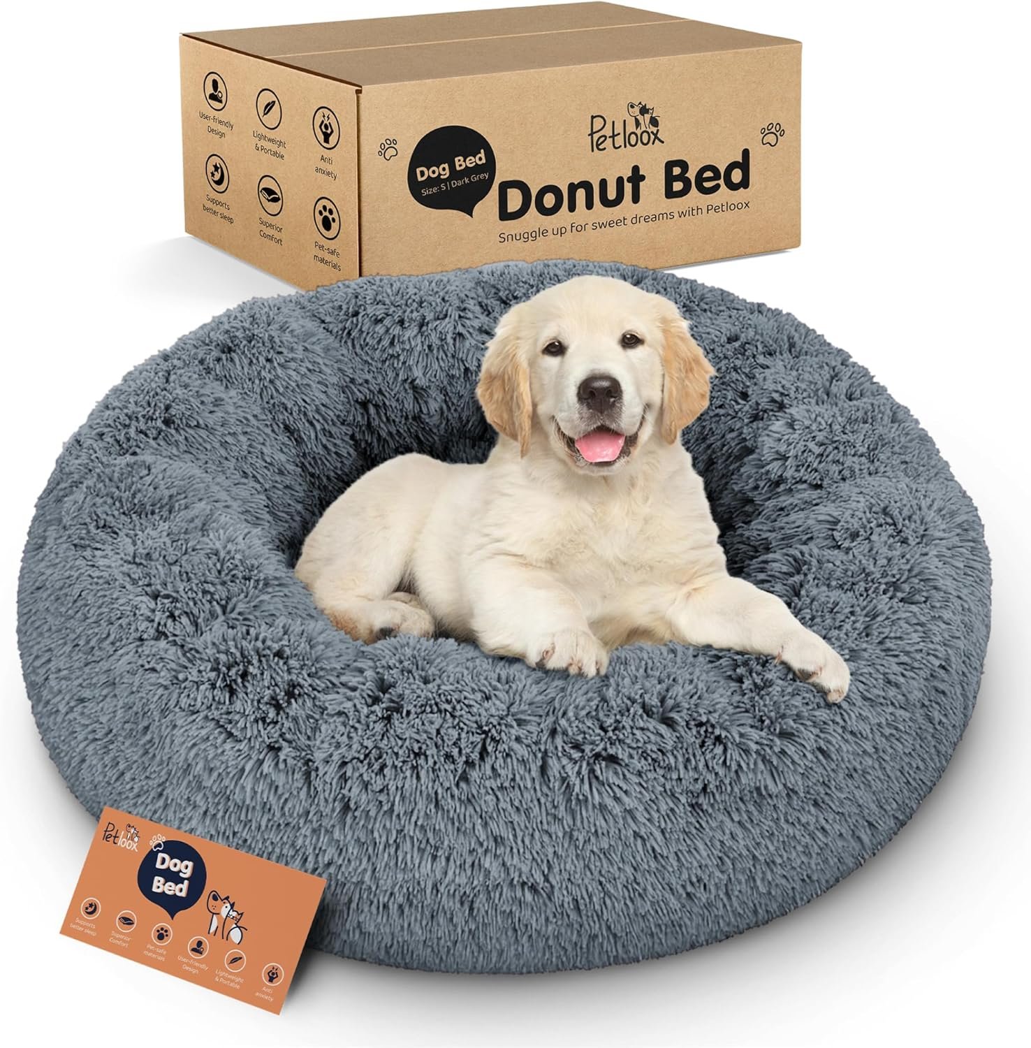 Donut Dog Bed – Premium Comfort for Anxiety Relief – Fluffy & Calming Design with Ultra-Plush Support | Cozy Round Dog Bed with Super Soft Circle Style (Dark Grey, Small)