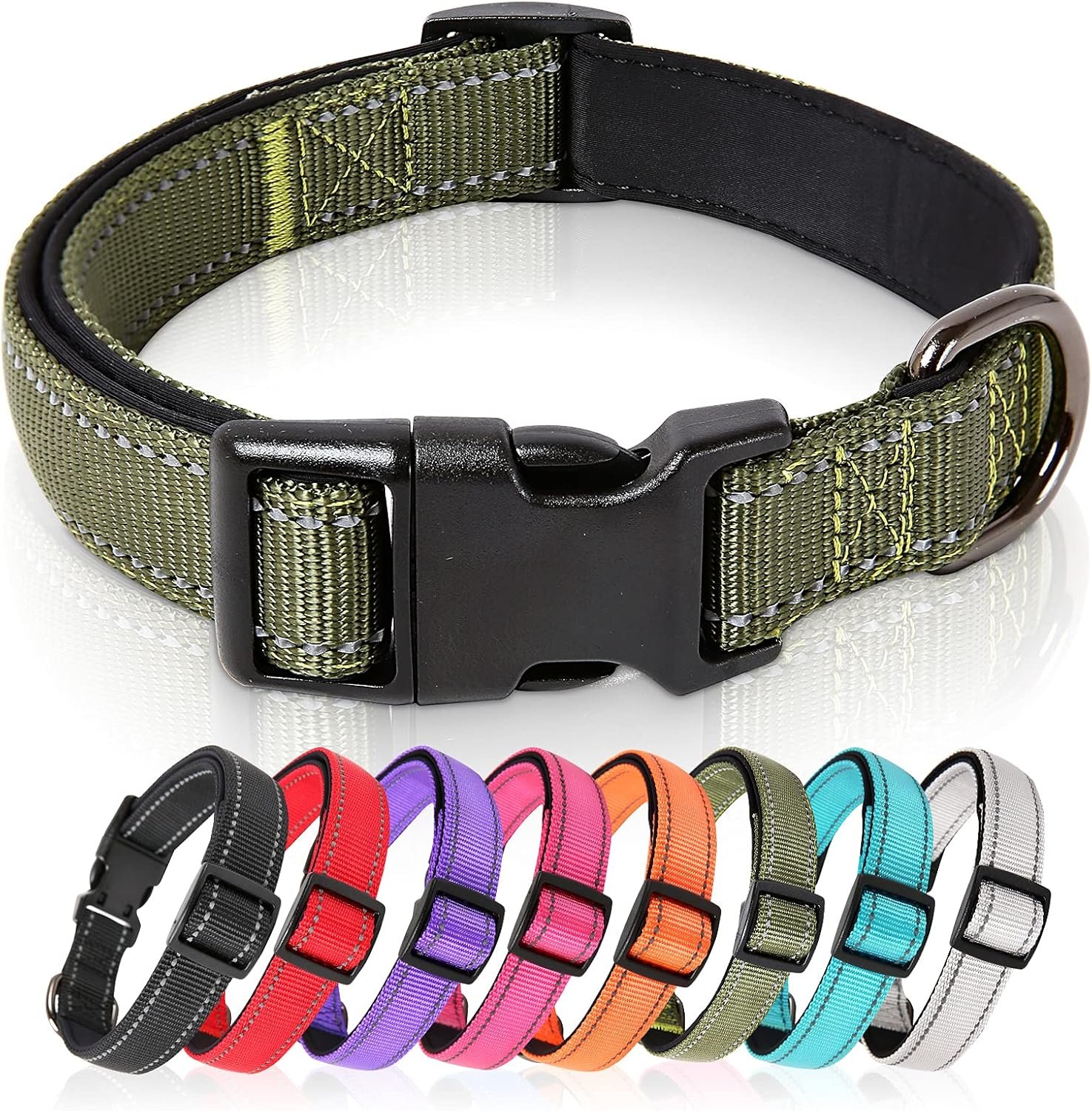 HEELE Dog Collar, Reflective Dog Collar, Soft Neoprene Padded Breathable Nylon Pet Collar Adjustable for Medium Dogs, Army Green, M(13.38-20.47″)